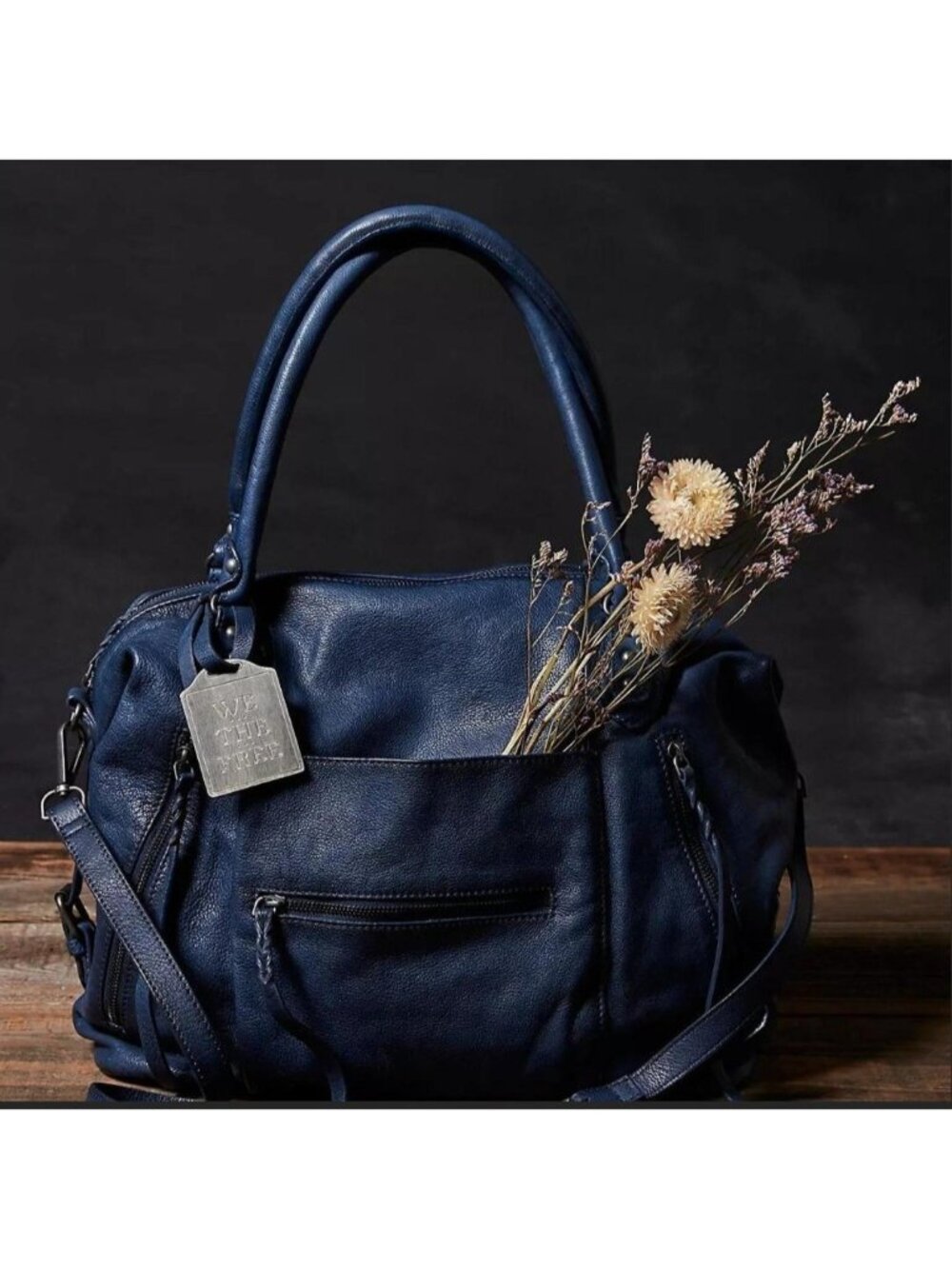 Free People Large Emerson Tote Dark Rinse Navy Leather Shoulder Crossbody Bag